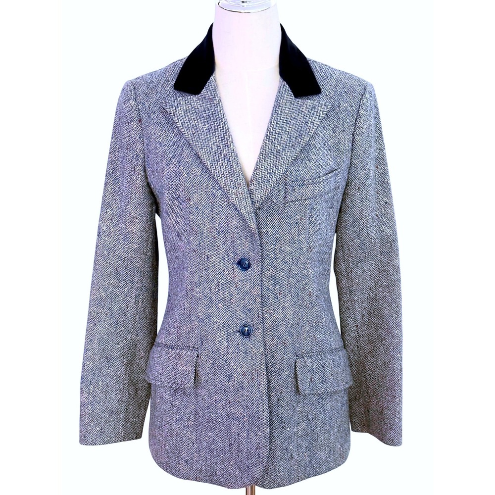 Vintage 80s Jones New York Wool Herringbone Tweed Blazer Navy Velvet Collar 12